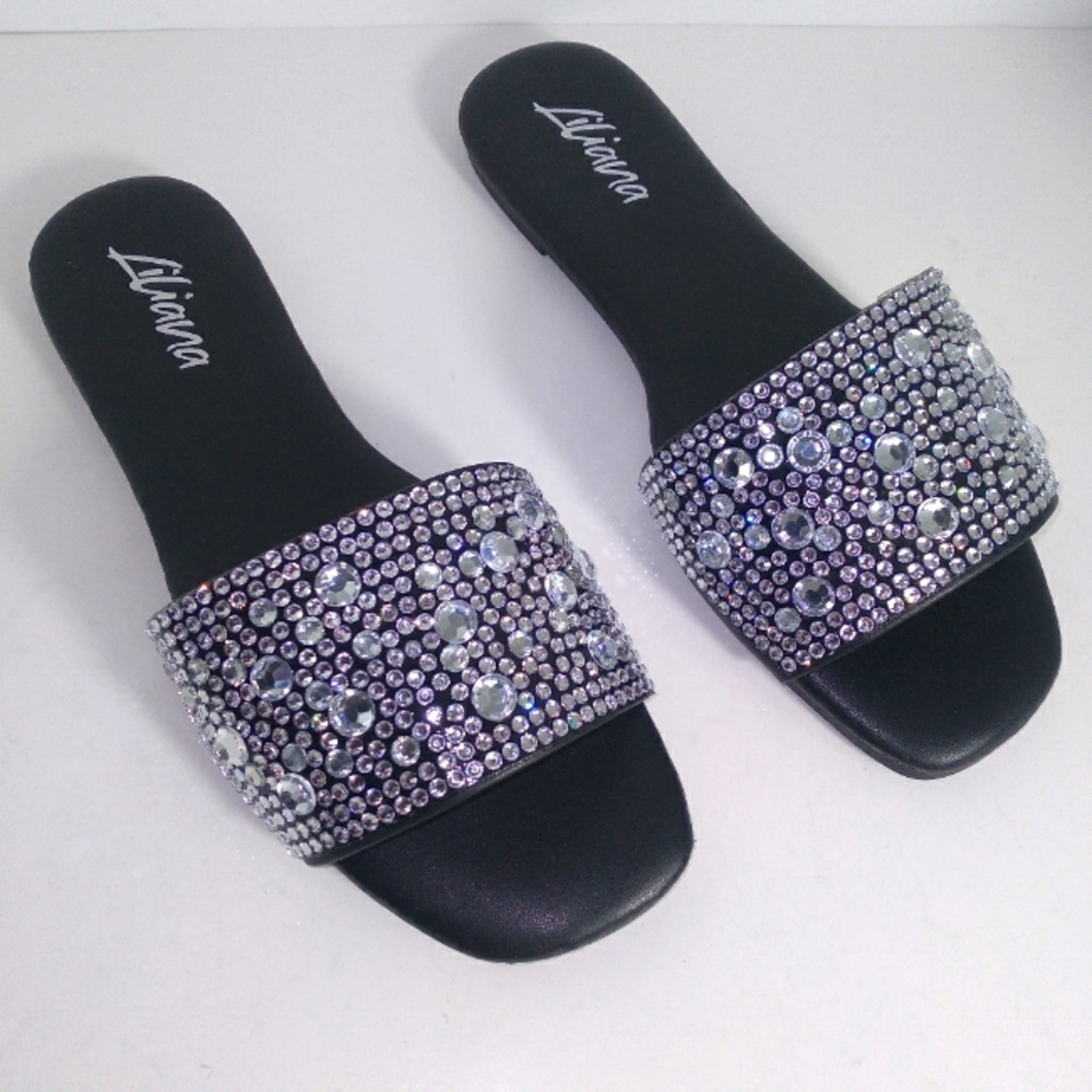 Liliana Black, Silver Rhinestone Embellished Slides